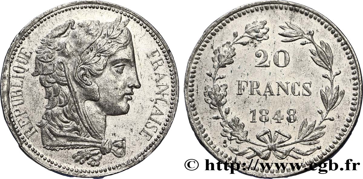 Concours de 20 francs, essai de Gayrard, premier concours 1848 Paris VG.3025 var VZ60 