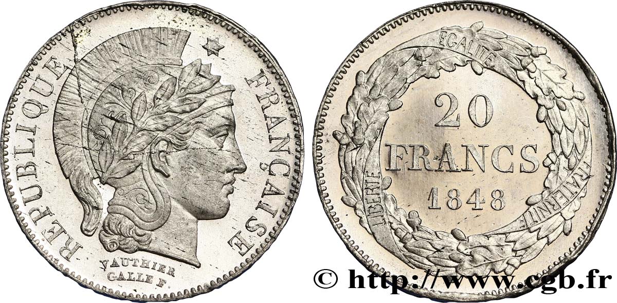 Concours de 20 francs, essai en étain de Vauthier-Galle 1848 Paris VG.3038 var MS60 