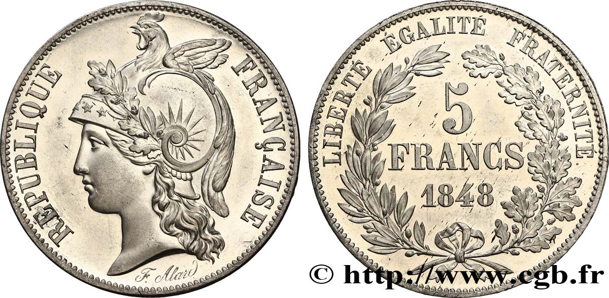Concours de 5 francs, essai en étain par Alard 1848 Paris VG.3059 var. MS64 