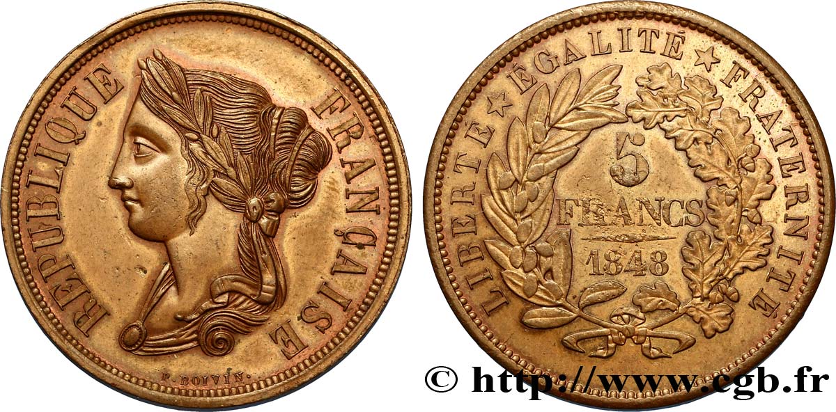 Concours de 5 francs, essai en cuivre par Boivin 1848 Paris VG.3062 var. EBC55 