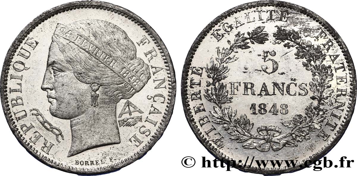 Concours de 5 francs, essai en étain par Borrel 1848 Paris VG.3063 var. VZ55 