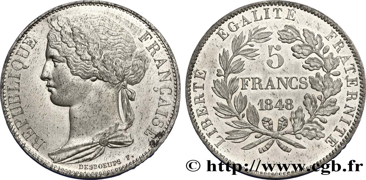 Concours de 5 francs, essai en étain par Desboeufs 1848 Paris VG.3068 var. SUP60 