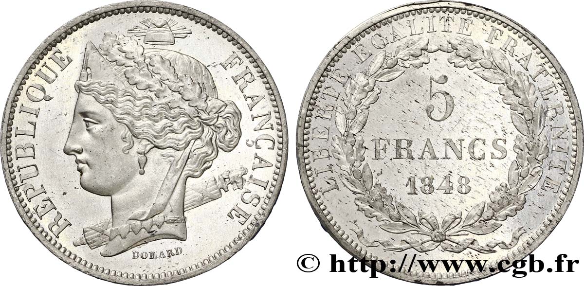 Concours de 5 francs, essai en étain par Domard, troisième revers 1848 Paris VG.3071 var. SUP60 