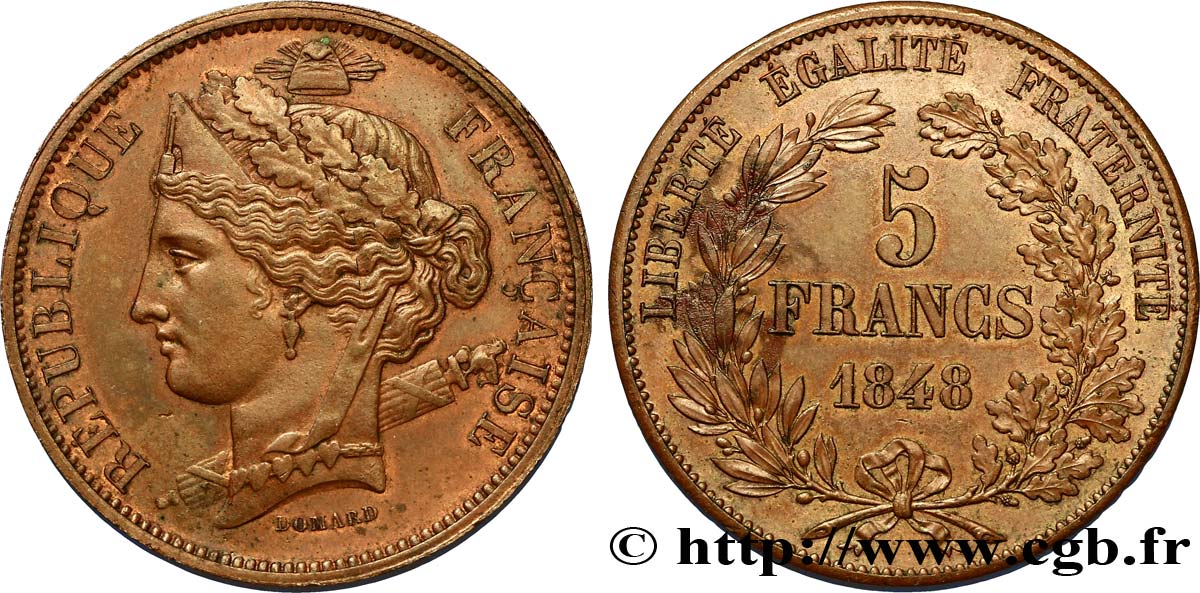 Concours de 5 francs, essai en cuivre par Domard, troisième revers 1848 Paris VG.3071 var. MS60 