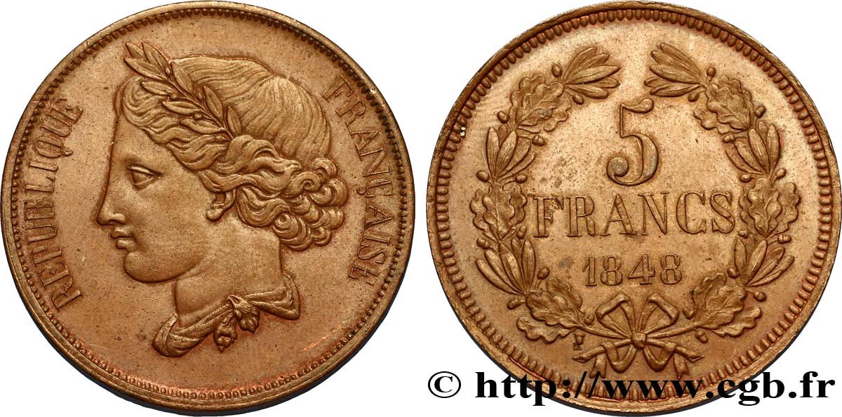 Concours de 5 francs, essai en cuivre attribué à Gayrard, deuxième concours 1848 Paris VG.3077 var MS60 