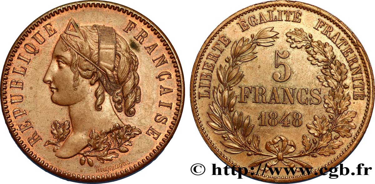 Concours de 5 francs, essai en cuivre par Magniadas 1848 Paris VG.3082 var SUP62 