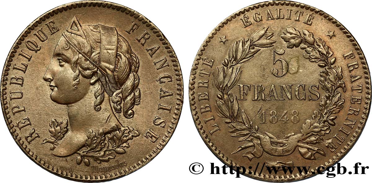 Concours de 5 francs, essai en cuivre par Magniadas 1848 Paris VG.3082 var AU50 
