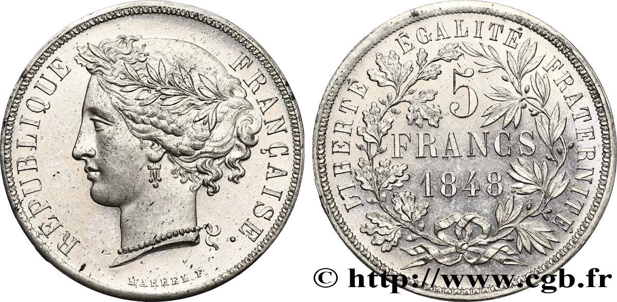 Concours de 5 francs, essai en étain par Marrel 1848 Paris VG.3084 var. VZ60 
