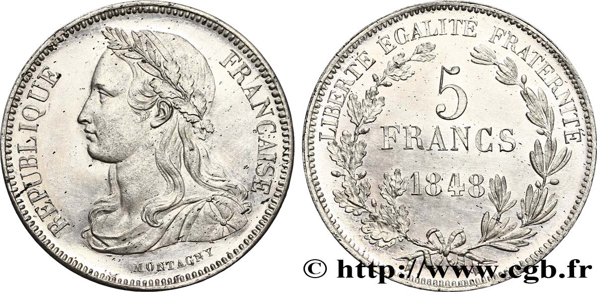 Concours de 5 francs, essai en étain par Montagny 1848 Paris VG.3085 var. MS62 