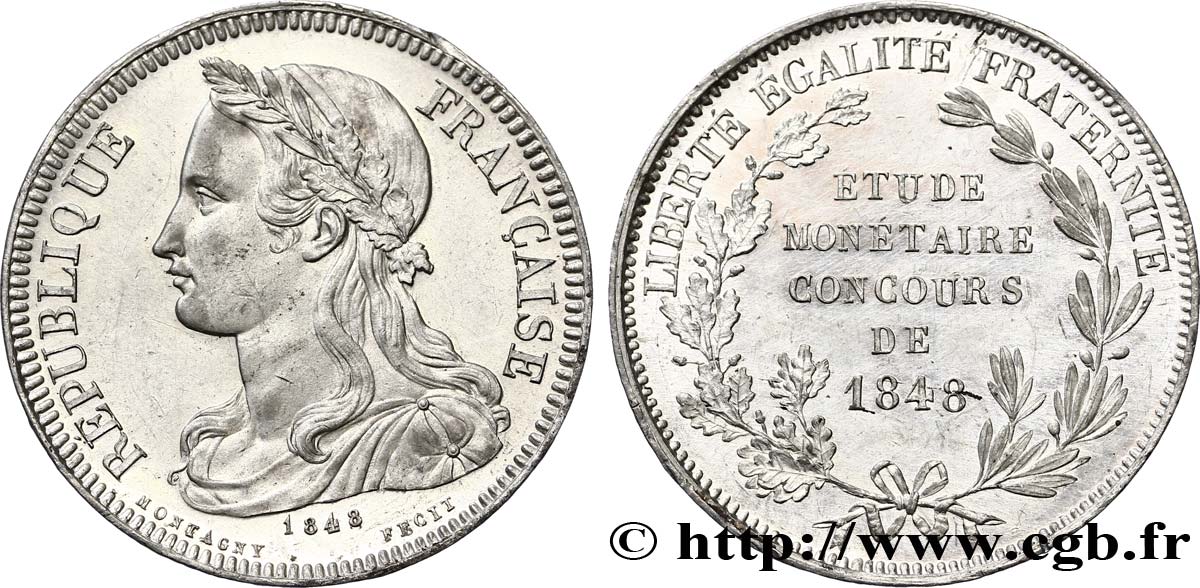 Concours de 5 francs, essai en étain par Montagny, frappe médaille 1848 Paris VG.3087 var. SUP60 