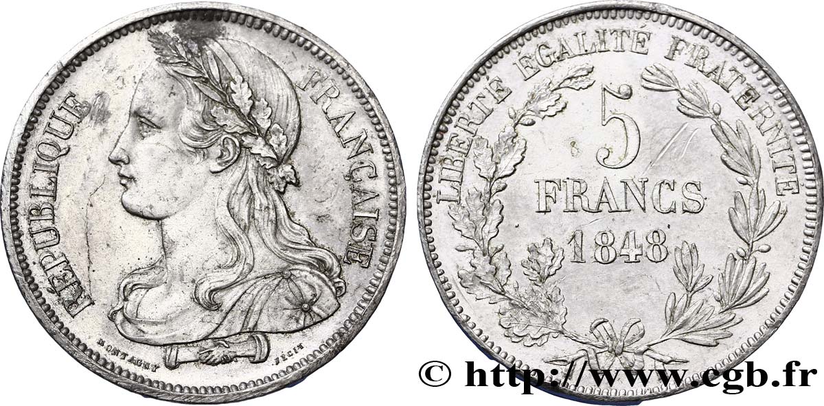 Concours de 5 francs, essai en étain par Montagny 1848 Paris VG.3088 var. SPL55 