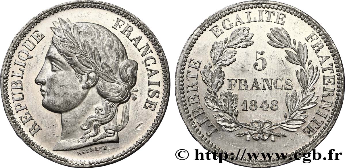 Concours de 5 francs, essai en étain par Reynaud 1848 Paris VG.3090 var. MS60 