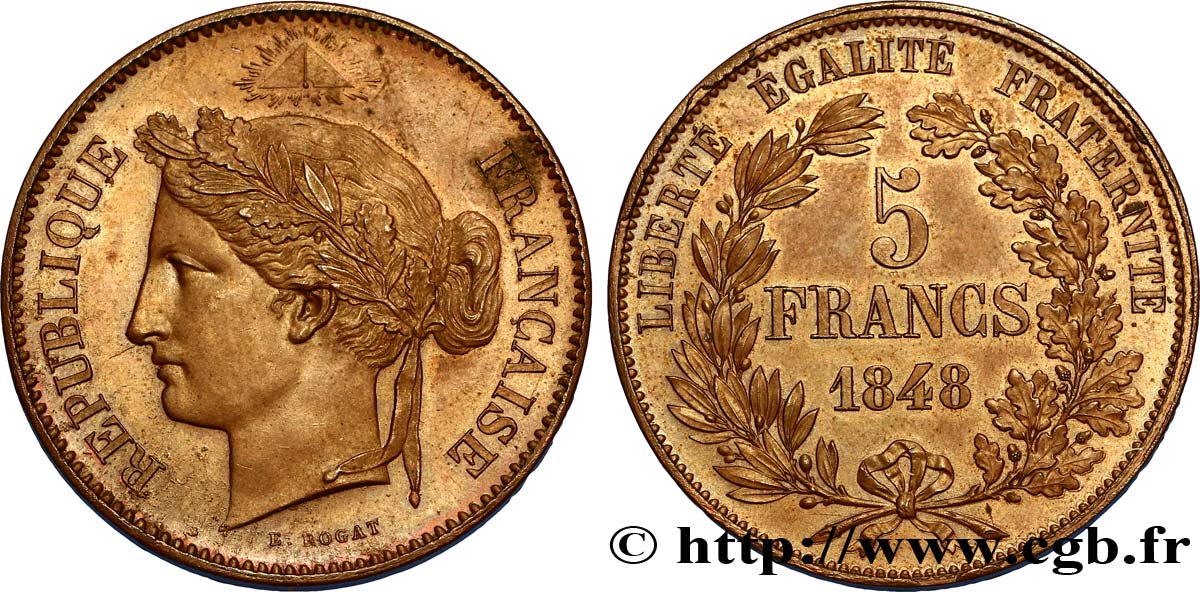 Concours de 5 francs, essai en cuivre par Rogat 1848 Paris VG.3091 var. MS60 