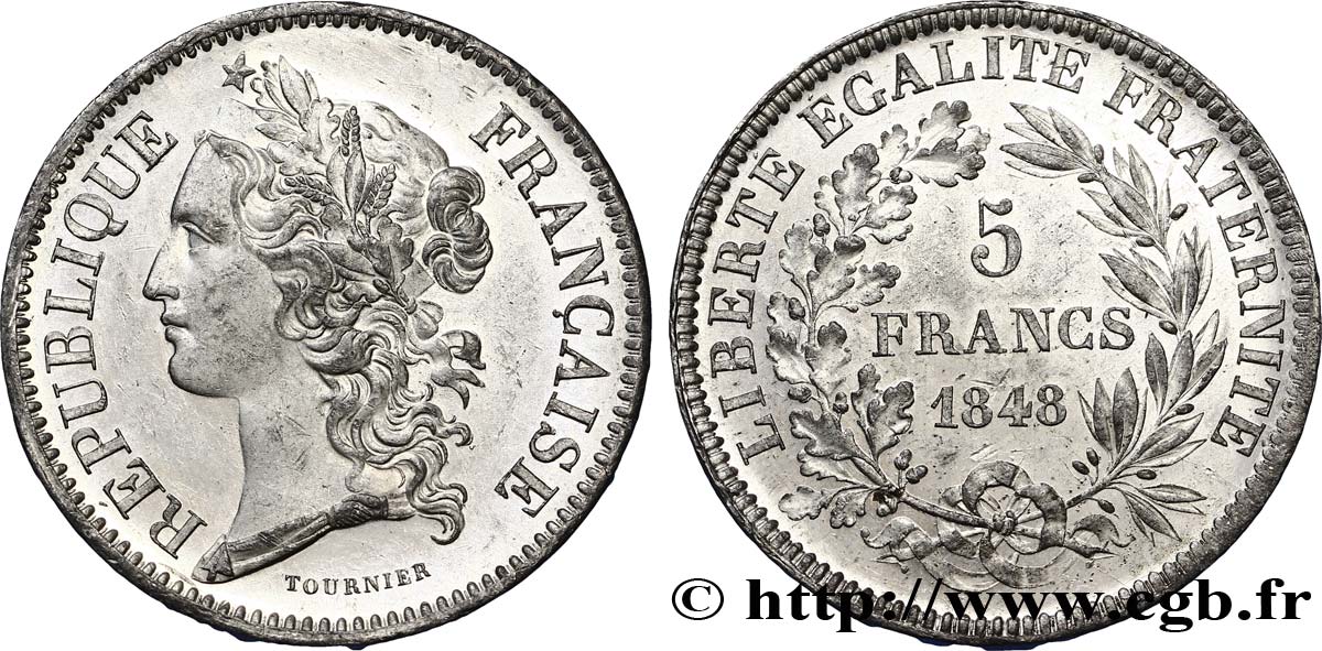 Concours de 5 francs, essai en étain par Tournier 1848 Paris VG.3093 var. SUP60 