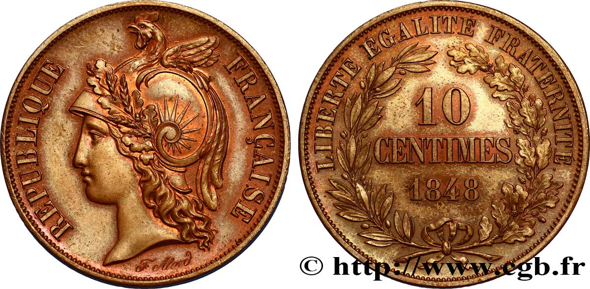 Concours de 10 centimes, essai en cuivre par Alard, premier revers 1848 Paris VG.3130 var. VZ62 