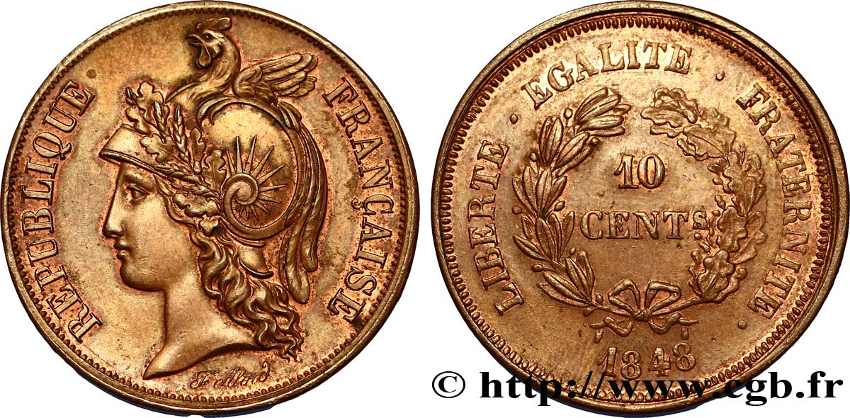 Concours de 10 centimes, essai en cuivre par Alard, troisième revers 1848 Paris VG.3130  VZ58 