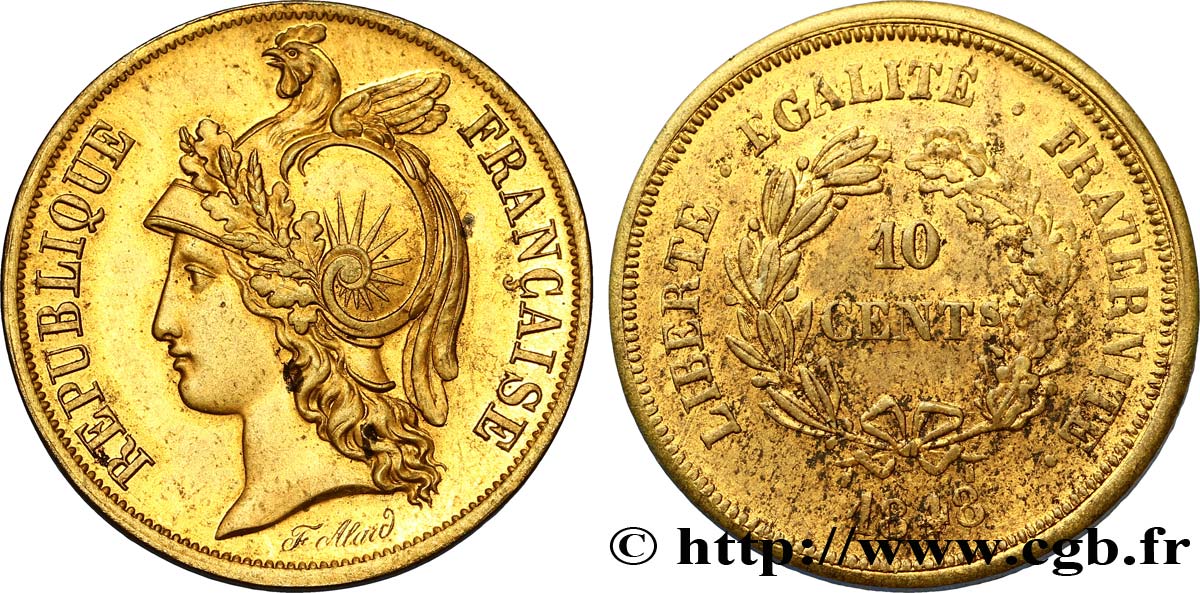 Concours de 10 centimes, essai en cuivre par Alard, troisième revers 1848 Paris VG.3130  SUP55 