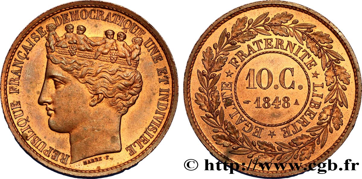 Concours de 10 centimes, essai en cuivre par Barre, second avers 1848 Paris VG.3132  SPL63 