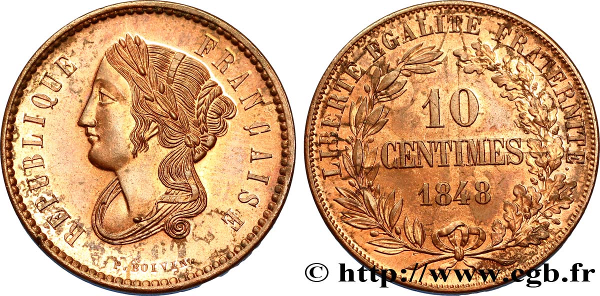 Concours de 10 centimes, essai en cuivre par Boivin, premier revers 1848 Paris VG.3133  AU58 