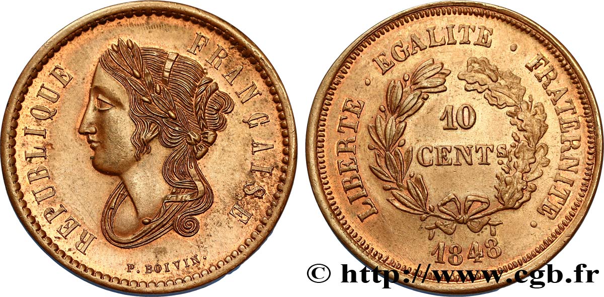 Concours de 10 centimes, essai en cuivre par Boivin, troisième revers 1848 Paris VG.3133 var. MS60 