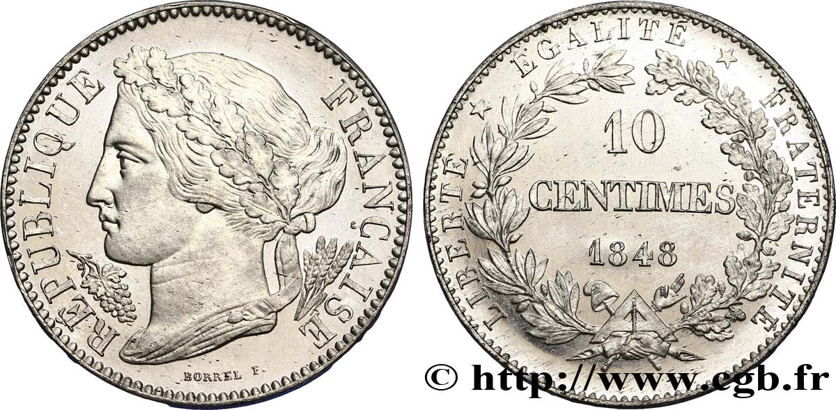 Concours de 10 centimes, essai en étain par Borrel 1848 Paris VG.3134 var MS65 