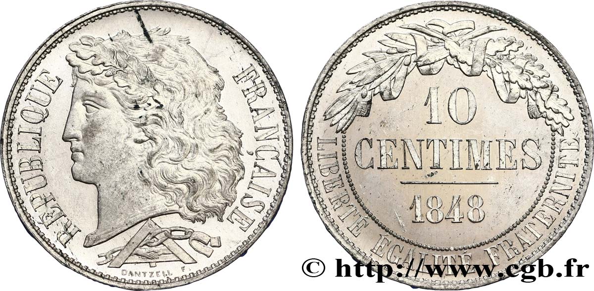 Concours de 10 centimes, essai en étain par Dantzell 1848 Paris VG.3135 var. MS62 