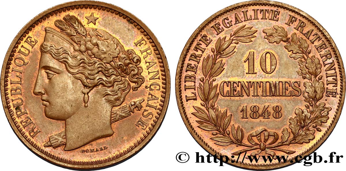 Concours de 10 centimes, essai en cuivre par Domard, premier avers, premier revers 1848 Paris VG.3138 var. SPL60 