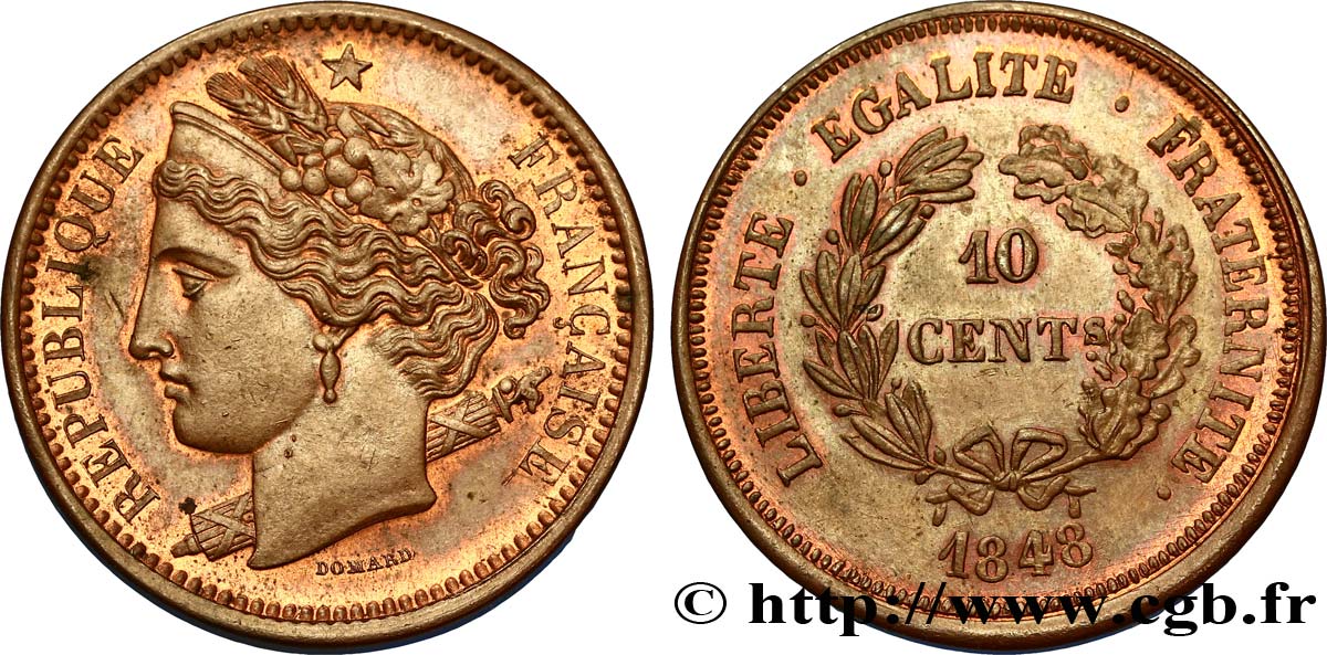 Concours de 10 centimes, essai en cuivre par Domard, premier avers, troisième revers 1848 Paris VG.3138 var. SUP60 