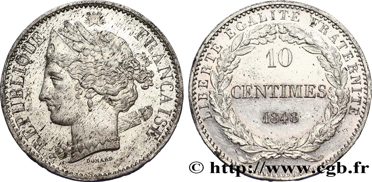 Concours de 10 centimes, essai en étain par Domard, second avers, deuxième revers 1848 Paris VG.3138 var. MS60 