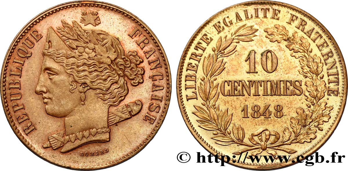 Concours de 10 centimes, essai en cuivre par Domard, second avers, premier revers 1848 Paris VG.3138  SUP60 