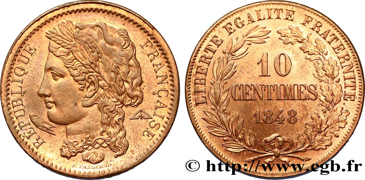 Concours de 10 centimes, essai en cuivre par Farochon, premier revers 1848 Paris VG.3139 var. SUP62 