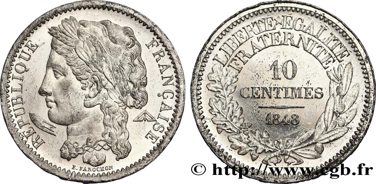 Concours de 10 centimes, essai en étain par Farochon, deuxième revers 1848 Paris VG.3139 var. MS62 