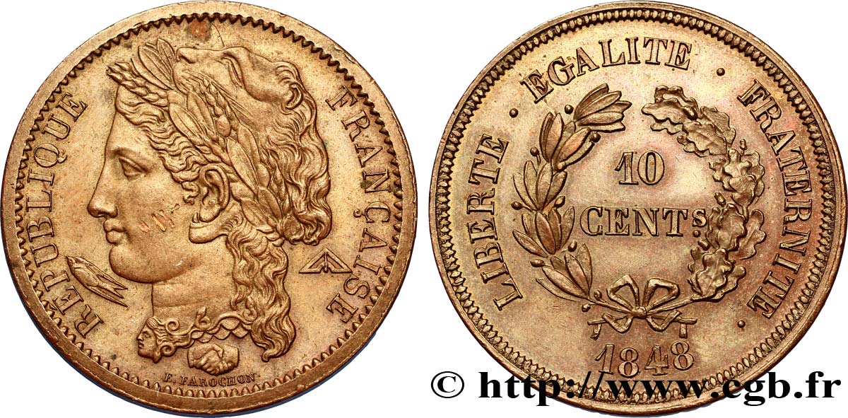 Concours de 10 centimes, essai en cuivre par Farochon, troisième revers 1848 Paris VG.3179  SUP58 