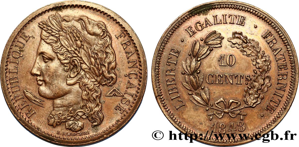Concours de 10 centimes, essai en cuivre par Farochon, troisième revers 1848 Paris VG.3179  TTB52 