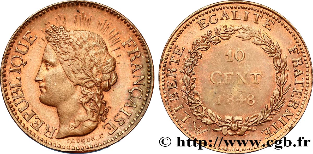 Concours de 10 centimes, essai en cuivre par Fauque 1848 Paris VG.3140  VZ58 