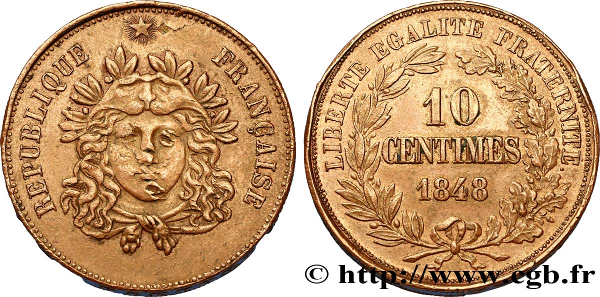 Concours de 10 centimes, essai en cuivre par Gayrard, premier concours, premier revers, piéfort au quadruple 1848 Paris VG.3141  AU50 