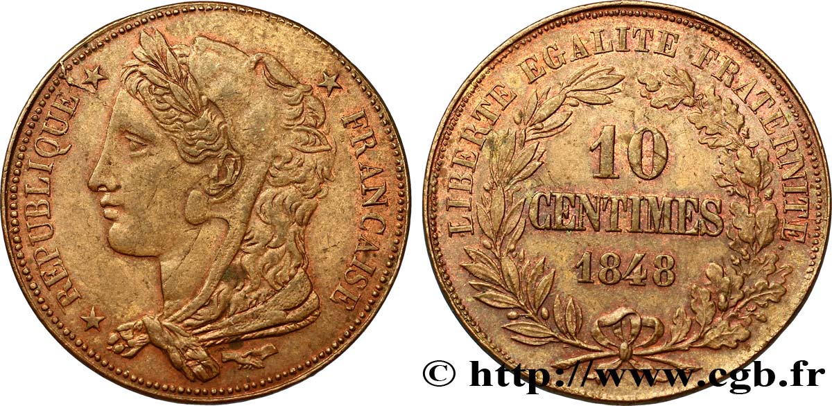 Concours de 10 centimes, essai en cuivre par Gayrard, deuxième concours, second avers, premier revers 1848 Paris VG.3142 var. SUP58 