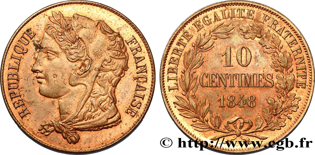 Concours de 10 centimes, essai en cuivre par Gayrard, deuxième concours, premier avers, premier revers 1848 Paris VG.3142 var. VZ60 