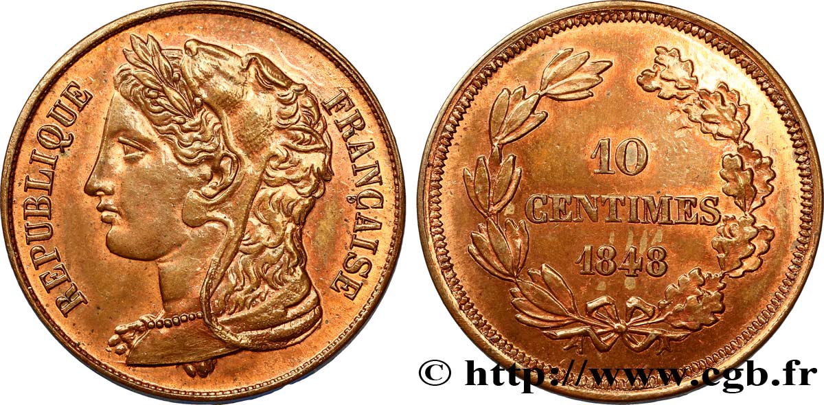 Concours de 10 centimes, essai en cuivre par Gayrard, deuxième concours, premier avers, deuxième revers 1848 Paris VG.3142 var. VZ60 