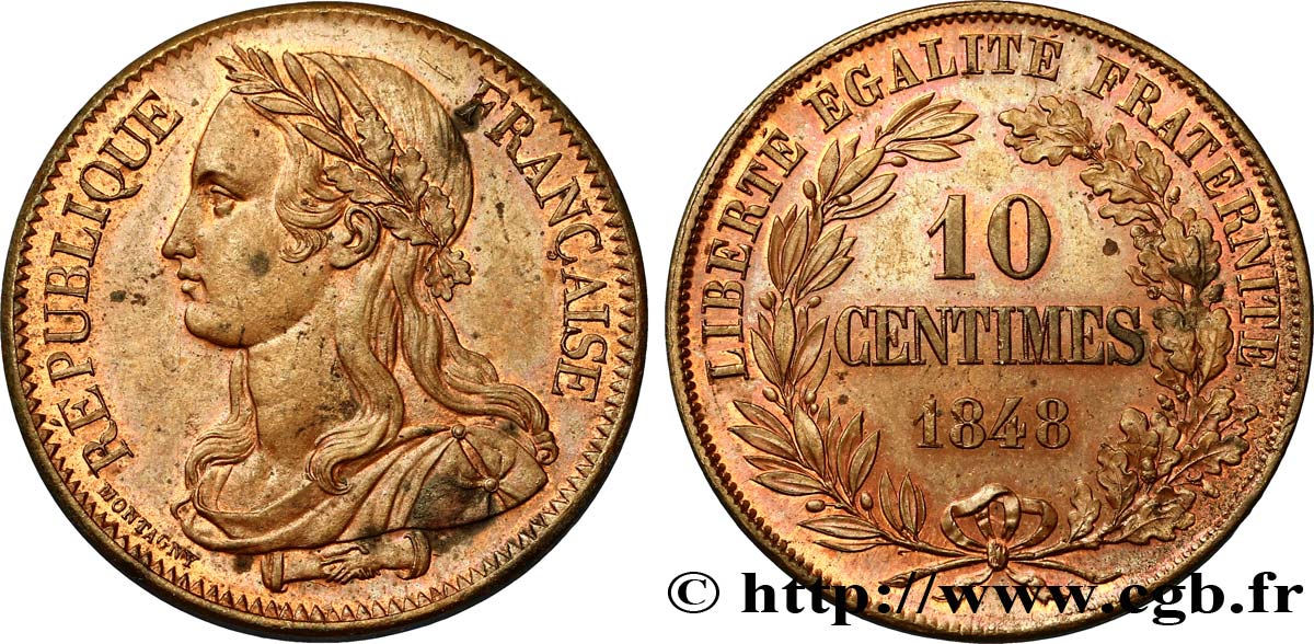 Concours de 10 centimes, essai en cuivre par Montagny, premier revers 1848 Paris VG.3147  SUP60 