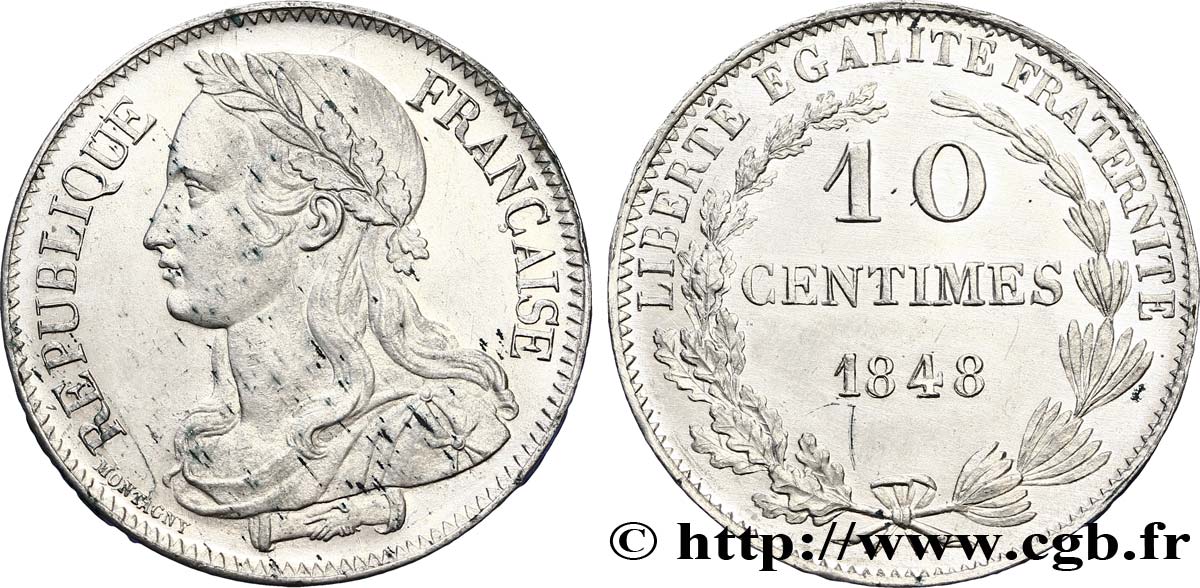Concours de 10 centimes, essai en étain par Montagny, deuxième revers 1848 Paris VG.3147 var. MS62 