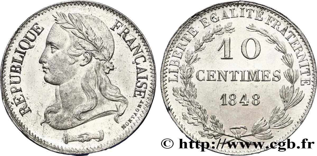 Concours de 10 centimes, essai en étain par Montagny, deuxième revers, effigie au col nu 1848 Paris VG.3147 var. SUP58 