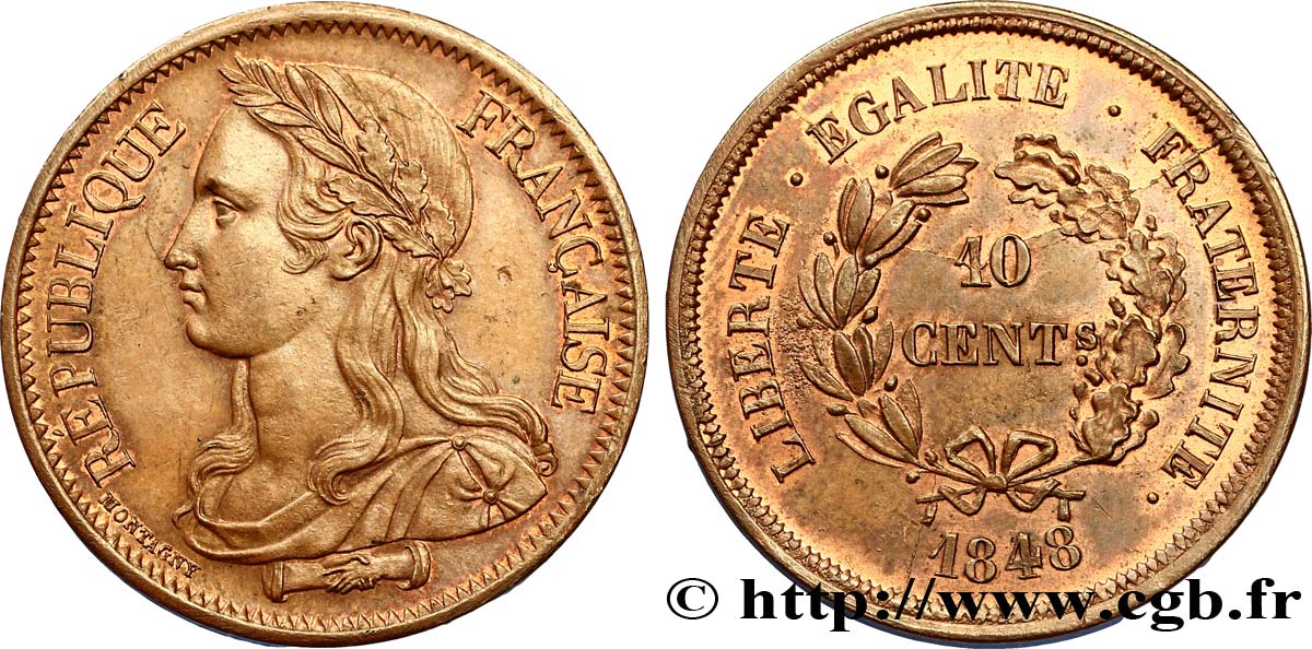 Concours de 10 centimes, essai en cuivre par Montagny, troisième revers 1848 Paris VG.3147  VZ60 