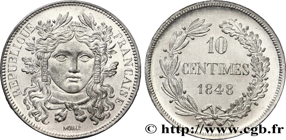 Concours de 10 centimes, essai en étain par Moullé, deuxième revers 1848 Paris VG.3148 var. MS62 