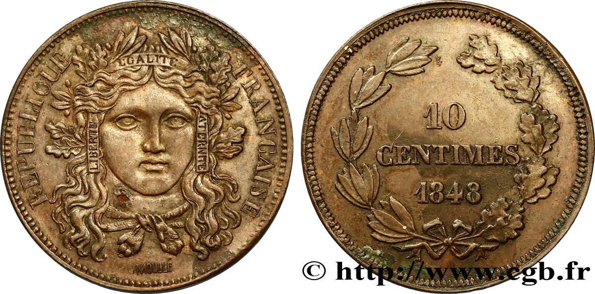 Concours de 10 centimes, essai en cuivre par Moullé, deuxième revers 1848 Paris VG.3148  SS50 