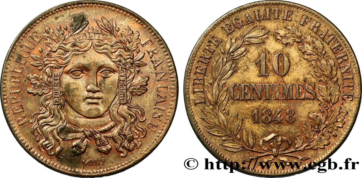 Concours de 10 centimes, essai en cuivre par Moullé, premier revers 1848 Paris VG.3148  MBC50 