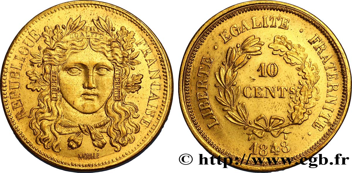 Concours de 10 centimes, essai en laiton par Moullé, troisième revers 1848 Paris VG.3148 var. SPL58 