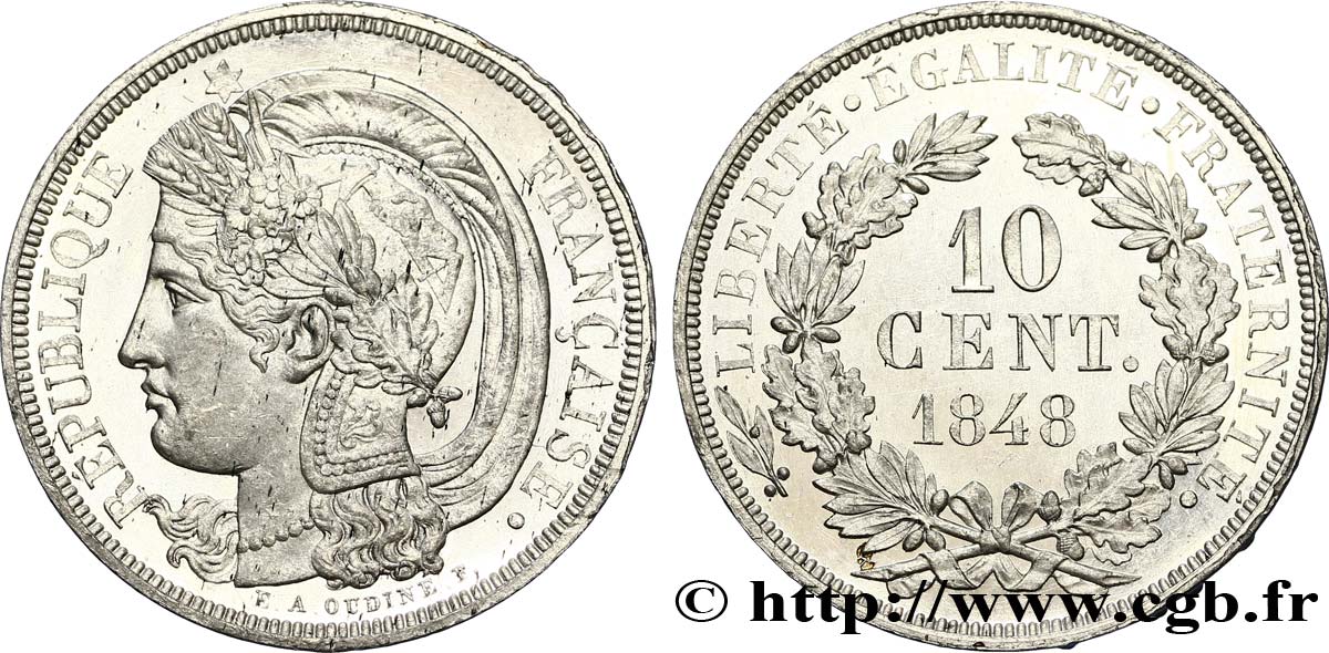 Concours de 10 centimes, essai en étain par Oudiné 1848 Paris VG.3149 var. de métal fST63 