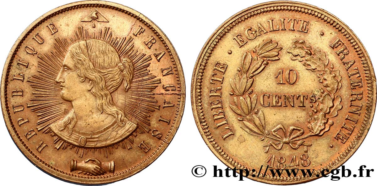 Concours de 10 centimes, essai en cuivre par Pillard, troisième revers 1848 Paris VG.3185  VZ60 