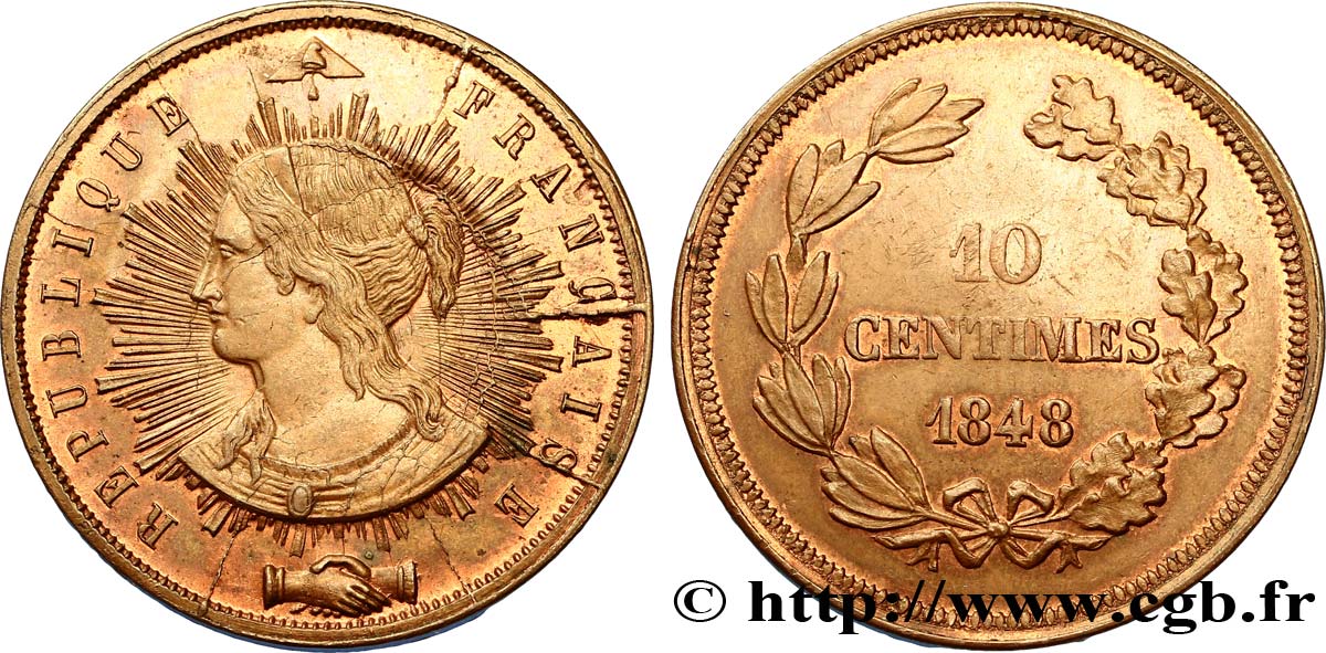 Concours de 10 centimes, essai en cuivre par Pillard, deuxième revers 1848 Paris VG.3185 var. SUP60 